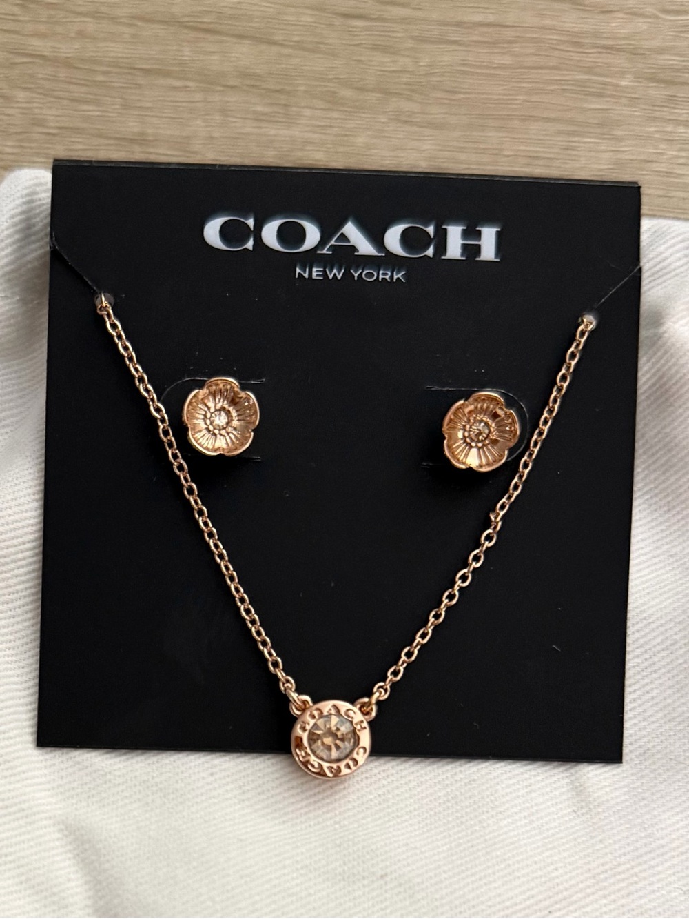 Coach Rose Gold Crystal Necklace & Flower Stud Earrings Set NWT - Picture 3 of 5